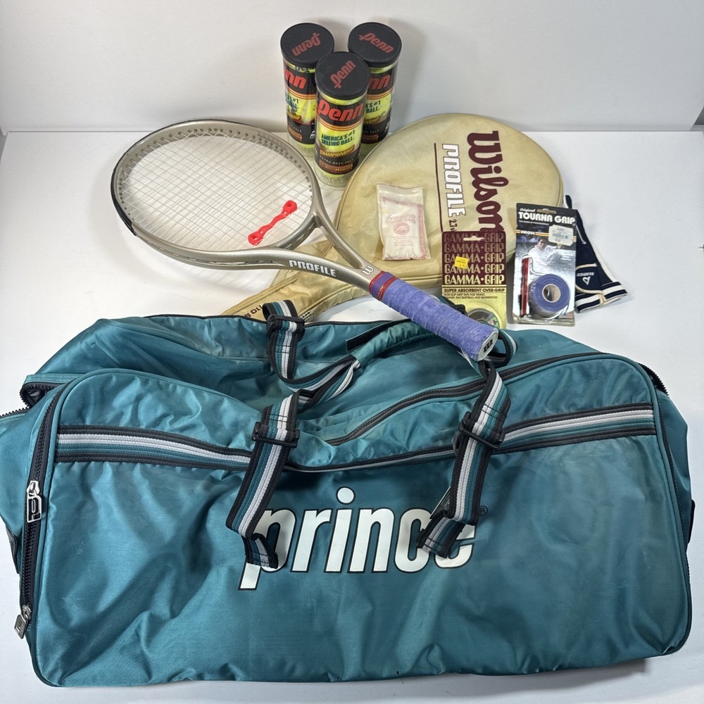 Vintage Wilson Profile 2.7si Tennis Racquet Lot w/ Prince Bag Balls Grips Glove